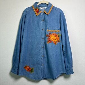 PTNY Denim Button Down‎ Shirt L Blue Womens Cottagecore Floral Patchwork Fringed